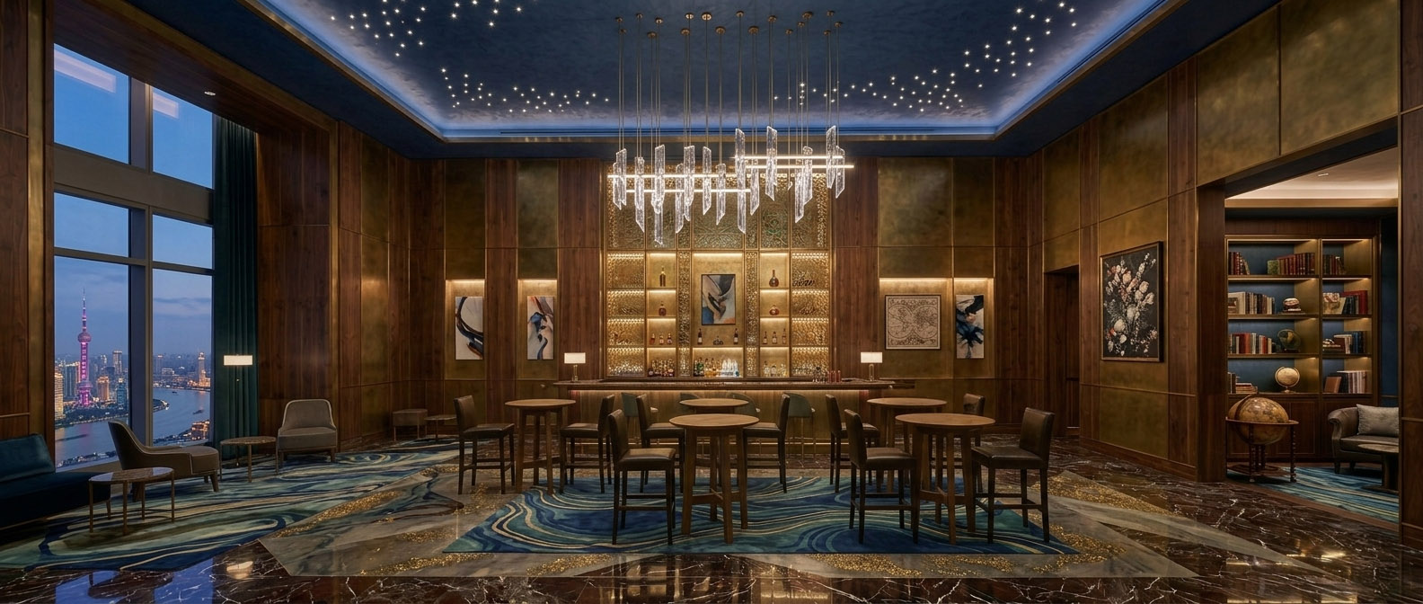 Luxury hotel bar lounge interior with dark wood paneling, modern crystal chandelier, and panoramic city skyline view